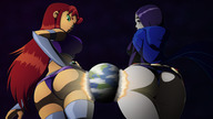 breasts drawing giantess panties earth giga upskirt alien space color large_breasts long_hair butt destruction skirt butt_crush green_eyes purple_hair purple_eyes raven teen_titans red_hair starfire giantesses large_butt costume looking_back cape top belt planet_destruction leotard hood thick_thighs dc_comics cosmic_giantess orange_skin bare_legs grey_skin ravenravenraven bare_midriff