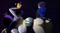 breasts drawing giantess earth giga upskirt alien space color large_breasts long_hair butt destruction butt_crush purple_hair purple_eyes smiling raven teen_titans giantesses large_butt costume looking_back cape belt planet_destruction leotard hood thick_thighs multicolored_hair dc_comics cosmic_giantess orange_skin bare_legs ravenravenraven blackfire