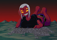drawing giantess white_hair panties city mega color large_breasts destruction clothed buildings breast_crush yellow_eyes smiling raven teen_titans lying_down finger_crush magic top looking_at_viewer belt leotard red_skin glowing_eyes dc_comics ravenravenraven extra_eyes demon_raven