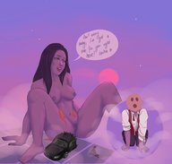 drawing giantess nude long_hair destruction smiling sitting dark_skin outdoors legs_spread dialogue cinnamondu_st