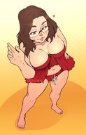 drawing large_breasts long_hair toes barefoot glasses brunette heart shrunken_man looking_down hanging_on no_background hollewdz