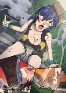 drawing growth giantess blushing color destruction cleavage buildings blue_hair outgrowing_building zerohour99