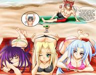 blonde large_breasts giant male beach toes barefoot cleavage soles purple_hair blue_hair lying_down shrunken_man giantesses outdoors closed_eyes cramous cutaway