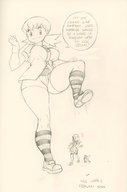 drawing pokemon monochrome large_breasts smiling pigtails looking_down striped_stockings raised_foot thick_thighs the_tits_of_mio whitney
