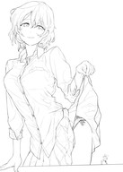 drawing blushing monochrome clothed short_hair surprised shrunken_man looking_down trapped lifting_skirt panty_entrapment no_background arukarifurin