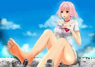 drawing giantess city mega color destruction barefoot buildings pink_hair sitting pink_eyes collar the_idolmaster_cinderella_girls kk riamu_yumemi