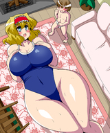 drawing giantess blushing blonde clothed touhou huge_breasts alice_margatroid shrunken_man nervous leotard thick_thighs tyaramu thick