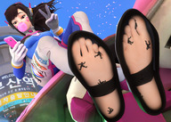feet armor clothed toes soles low_angle in_shoe shrunken_men sitting phone between_toes multiple_victims see_through legs_crossed gum stuck_to_foot digital_render bubblegum peace_sign overwatch d.va skintight_clothing polyphius