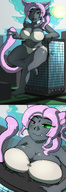 drawing giantess blushing tail color large_breasts destruction buildings breast_crush pink_hair standing cat_girl outdoors mouse_boy looking_at_viewer source_needed heterochromia mspaintgts looking_at_tiny grey_skin haramunia