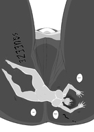 drawing crush nude monochrome large_breasts clothed handheld butt_crush anime low_angle story short_hair sitting unaware shrunken_woman dangle under_butt sound_effects looking_at_tiny kiyoshi2431