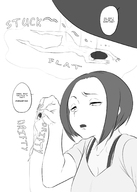 drawing crush nude monochrome large_breasts clothed handheld butt_crush anime low_angle story short_hair sitting unaware shrunken_woman dangle under_butt sound_effects looking_at_tiny kiyoshi2431