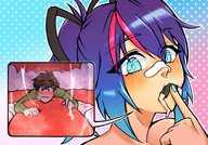 drawing giantess vore blue_hair ribbon shrunken_man mouth_play hollewdz