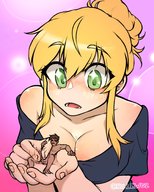 drawing blushing masturbation blonde large_breasts handheld cleavage handjob looking_down hair_bun hollewdz