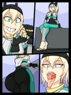 drawing vore blonde comic long_hair tongue toes barefoot butt_crush saliva smiling ponytail open_mouth between_fingers panels jj-psychotic pinched