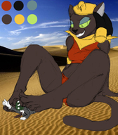 drawing collage feet furry cat anthro color barefoot desert egyptian smiling unknown_artist sitting foot_play shrunken_man sketch under_foot aladdin under_feet mirage skimpy_clothing looking_at_tiny