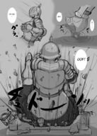 drawing crush feet monochrome armor destruction handheld high_heels butt_crush knight story sitting town falling large_butt clumsy dialogue sitting_on_building debris thick_thighs falling_down kiyoshi2431