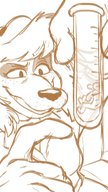 drawing furry wolf anthro monochrome clothed smiling caught sketch trapped dangle looking_at_tiny test_tube silverscarf rupert_the_bear domina_(rupert)