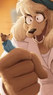 drawing furry wolf anthro color clothed handheld smiling shrunken_man painting open_mouth fist sharp_teeth looking_at_tiny marquessbronze silverscarf rupert_the_bear domina_(rupert)