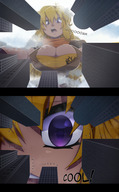 drawing giantess city blonde color long_hair clothed buildings huge_breasts purple_eyes low_angle eye open_mouth point_of_view dialogue rwby yang_xiao_long ravenravenraven