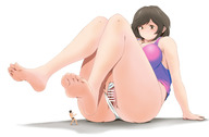 drawing panties black_hair large_breasts toes barefoot soles short_hair sitting shrunken_man legs_spread bikuta no_background panties_pulled_aside