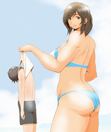 bikini drawing large_breasts long_hair brunette smiling mini_giantess outdoors looking_back bikuta