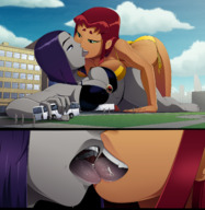 bikini breasts drawing giantess city mega alien color large_breasts long_hair tongue swimsuit destruction teeth cleavage buildings saliva green_eyes purple_hair breast_crush purple_eyes mouthplay raven teen_titans red_hair starfire lying_down kissing bus lesbians giantesses hand_crush vehicles dc_comics anon orange_skin bare_legs grey_skin ravenravenraven making_out
