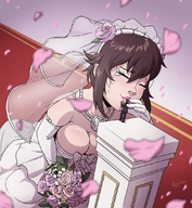 drawing giantess blushing large_breasts clothed cleavage brunette crying smiling short_hair kissing wedding_dress flowers bouquet zerohour99 marriage