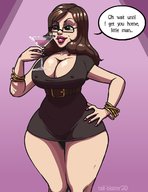 drawing color large_breasts long_hair glasses brunette brown_eyes shrunken_man pink_nails cocktail_glass alcohol belt bracelet dialogue tail-blazer sviolet13