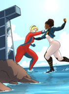 breasts drawing giantess mega blonde black_hair color large_breasts long_hair blue_eyes ocean brown_eyes teen_titans gloves boots fighting giantesses dark_skin punch jacket costume catsuit cassie hairband power_girl body_suit dc_comics hair_buns wonder_girl caiman2 titans_tower titanna tanya_spears cassie_sandsmark