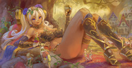 drawing giantess blonde color long_hair clothed smiling lying_down twintails shrunken_people looking_down skimpy_clothing kazo