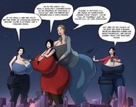 breasts drawing giantess city butt destruction cleavage buildings huge_breasts train multiple_sizes gloves asian ponytail giantesses jill_valentine pants night outdoors jacket claire_redfield resident_evil belt dialogue thick_thighs ada_wong caiman2 between_breasts police_officer annette_birkin
