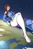 drawing giantess giga space long_hair planet brunette looking_down overwatch d.va skintight_clothing caiman2