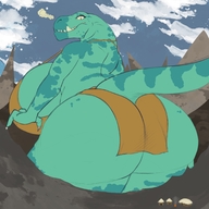 drawing furry giga anthro color large_breasts butt bra buildings dinosaur village looming mountains reptile looking_back sideboob sharp_teeth scalie loincloth sizesnake tyrannosaurus