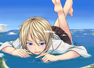 drawing giantess giga blonde long_hair clothed barefoot ochiko_terada smiling lying_down explosion looking_down outdoors ships pointing