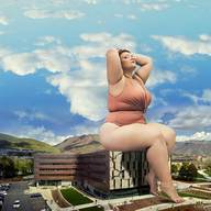 giantess collage city barefoot buildings glasses brunette short_hair sitting bbw vehicles outdoors tekitocreations