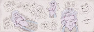 drawing giantess karbo vore blushing monochrome large_breasts long_hair tongue purple_hair topless lying_down kissing open_mouth snake_girl purple_skin pointed_ears cupping_breasts