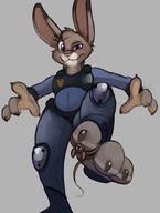 drawing giantess feet furry anthro color clothed bunny toes mouse paws police police_uniform uniform shrunken_man under_foot disney belt raised_foot holding_on hugging_toe t-bone no_background looking_at_tiny robomax judy_hopps zootopia police_officer