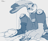 drawing gentle feet furry anthro monochrome bunny toes barefoot bed fox paws police sitting police_uniform uniform foot_play shrunken_man under_foot disney belt footjob teaselbone looking_at_tiny stirrups judy_hopps zootopia nick_wilde discarded_footwear police_officer