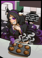 breasts drawing black_hair color cleavage purple_eyes kitchen shrunken_woman teasing lulu catherine mspaintgts between_breasts muffins