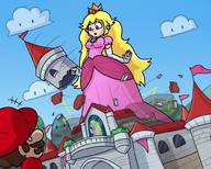 drawing growth giantess mega blonde color long_hair princess_peach castle outgrowing_building gloves dress crown super_mario earrings megamaliit