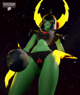 breasts giantess white_hair panties earth giga horns alien planet red_eyes freckles disney top helmet green_skin digital_render cosmic_giantess bare_legs bare_midriff lord_dominator wander_over_yonder wotm8h8