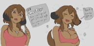 drawing giantess dog large_breasts cleavage fang smiling shrunken_man looking_down dark_skin top teniko dialogue dog_girl no_background between_breasts