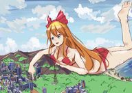 bikini drawing giantess city mega long_hair destruction beach barefoot buildings ribbon red_hair lying_down mountains poking stillwel
