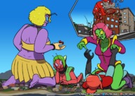 drawing giantess city mega alien destruction giantesses purple_skin sharp_teeth red_skin green_skin antennae alternate_dimensions