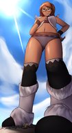drawing giantess dragon clothed glasses smiling twintails looking_down dark_skin monster_hunter bare_midriff charlydibu