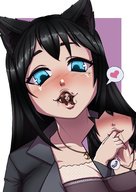 drawing vore blushing black_hair long_hair clothed cat_ears looking_down open_mouth necklace throat_bulge no_background pursed_lips ecchipandaa