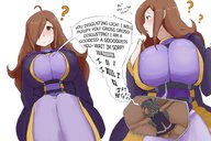 drawing blushing long_hair blue_hair huge_breasts brunette unaware shrunken_woman inside_clothing no_background confused tenikogts