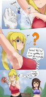 drawing blonde large_breasts long_hair cleavage smiling ponytail shrunken_woman armpits bare_midriff tenikogts