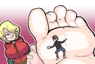 drawing blonde toes barefoot huge_breasts sweat smiling short_hair pinned licking_lips no_background filedew