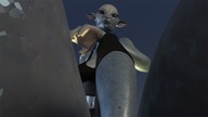 feet alien clothed toes barefoot low_angle elf looking_down between_toes pinned under_foot yoga point_of_view mature looking_at_viewer under_toes pointed_ears digital_render evil-sprite grey_skin skintight_clothing
